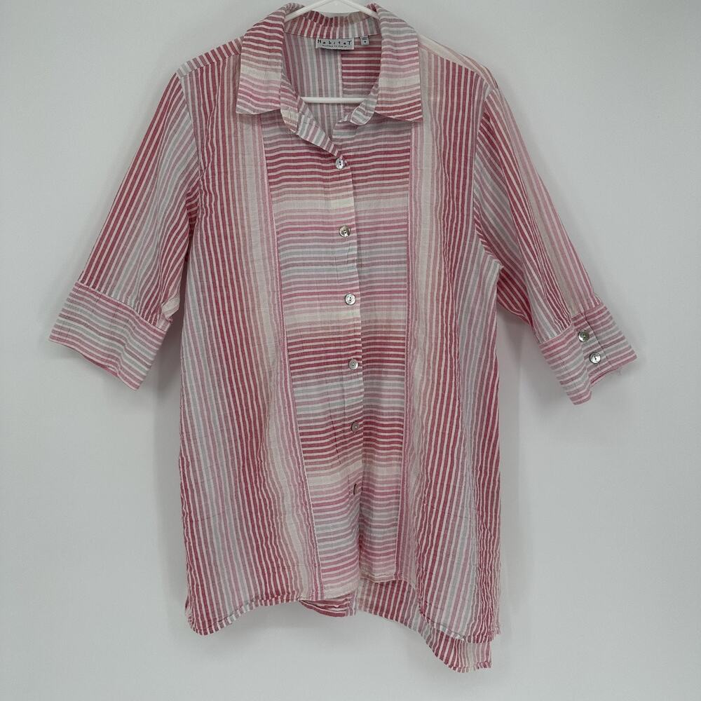 Habitat Shirt Womens Medium Pink White Stripe Button Up 3/4 Sleeve Tunic Blouse